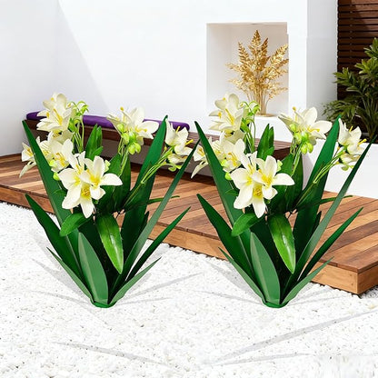 DDQ Metal Agave Plant Outdoor Decor with Artificial Flowers, Mexican Style Garden Sculpture, Waterproof Yard Art for Patio Lawn, Multiple Flower Options (Green Agave + Sunflower/Red/Yellow/Purple)