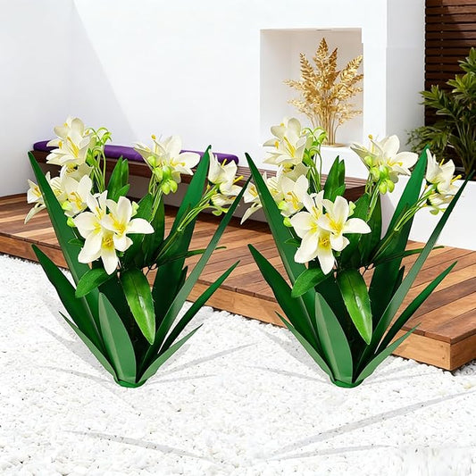 DDQ Metal Agave Plant Outdoor Decor with Artificial Flowers, Mexican Style Garden Sculpture, Waterproof Yard Art for Patio Lawn, Multiple Flower Options (Green Agave + Sunflower/Red/Yellow/Purple)