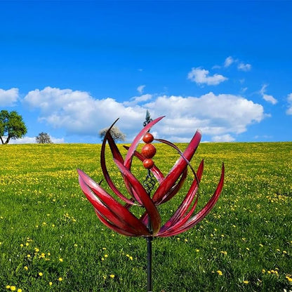 360° Outdoor Wind Spinner, Garden Pinwheels Metal Wind Sculpture Spinner with Gardens Stake, Rotating Windmill Yard Art Decor for Patio, Lawn & Garden (Red)