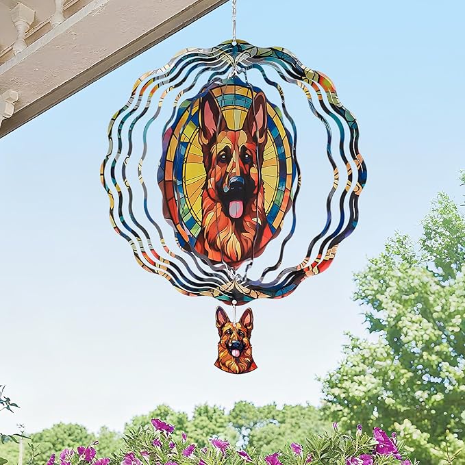 German Shepherd Wind Spinners Outdoor - 3D Cute Dog for Women, Wind Spinner for Yard Patio Ornament Garden Decor, 12 Inch Hanging Kinetic Metal Wind Spinners Sculpture