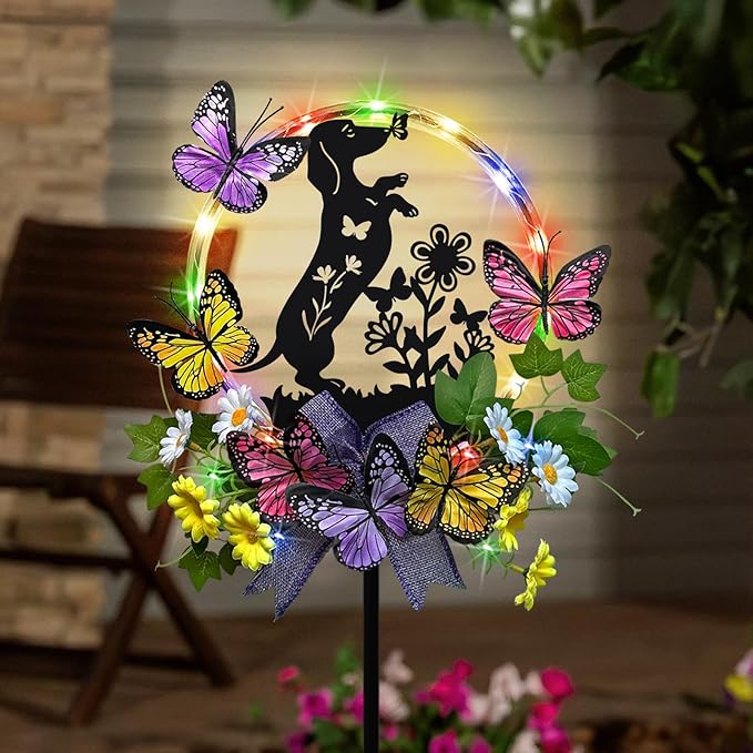 Solar Powered Garden Decor Outdoor,Colorful LED Lights Dachshund Decorations Yard Stakes for Garden,Pathway,Lawn,Patio,Dog Lover Gifts for Women