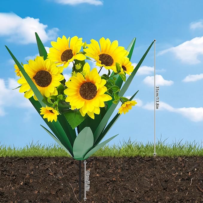 DDQ Metal Agave Plant Outdoor Decor with Artificial Flowers, Mexican Style Garden Sculpture, Waterproof Yard Art for Patio Lawn, Multiple Flower Options (Green Agave + Sunflower/Red/Yellow/Purple)