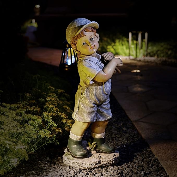 Solar Boy Statue, Boy Garden Statues with Solar Lantern for Garden, Patio, Lawn, Yard, Housewarming, Hand-Painted Sculpted Figure, 17.5”H