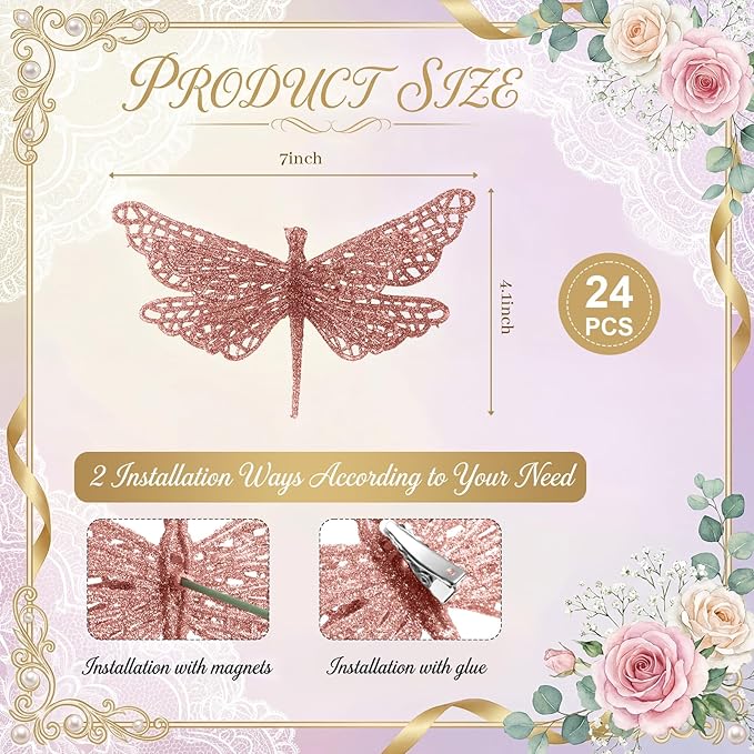 24 Pcs Glitter Dragonfly Decorations, Rose Gold 3D Dragonfly Wall Decor with Clips Stem for Spring Summer Garden Party Wedding, Glitter Dragonflies for Floral Arrangement DIY Craft