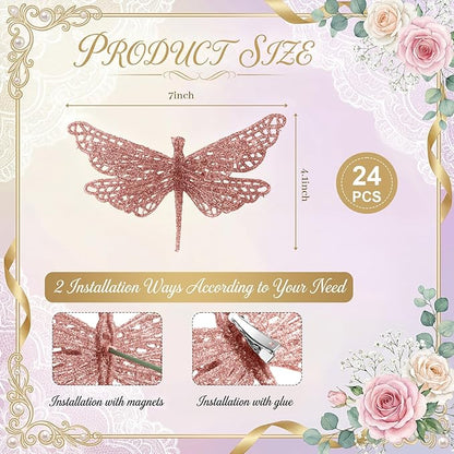 24 Pcs Glitter Dragonfly Decorations, Rose Gold 3D Dragonfly Wall Decor with Clips Stem for Spring Summer Garden Party Wedding, Glitter Dragonflies for Floral Arrangement DIY Craft