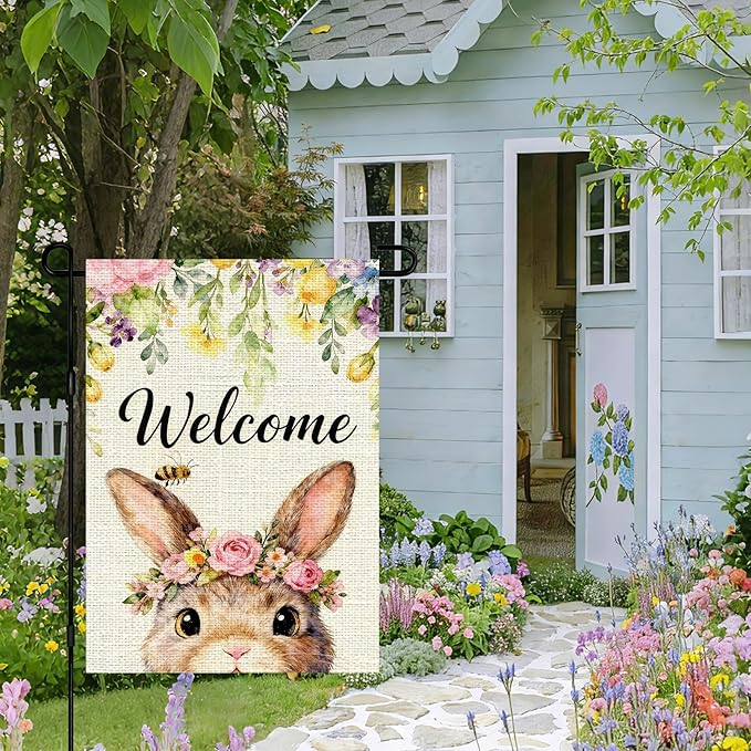IVN Easter Bunny Garden Flag 12x18 Welcome Cute Bunny Face Floral Crown Roses Spring Flowers Bee Watercolor Double Sided Yard House Flag Seasonal Outdoor Decoration for Outside Home Front Door Lawn Porch Patio Welcome Spring Decor