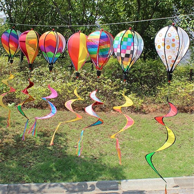 Hot Air Balloon Windmill Spinner Rainbow Windsock Includes Curlie Tail and Colorful Kinetic Hanging Decoration for Garden Yard Outdoor Decor Toy - 3Pack