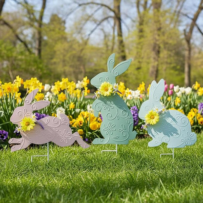 3PCS Spring Rabbit Metal Yard Decorations Stakes, Grandmas Garden Easter Holiday Yard Decoration Outdoor Stakes, Memorial Personalized Unique Garden Gifts Women for Grandma Statue