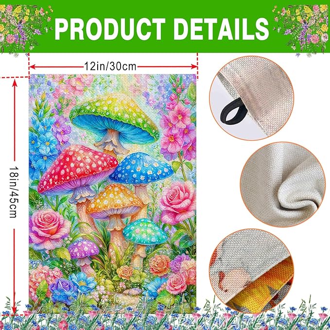 Spring Summer Garden Flag 12x18 Inch Double Sided Outside Colorful Mushroom Floral Flowers Outdoor Seasonal Holiday Welcome Yard Decoration