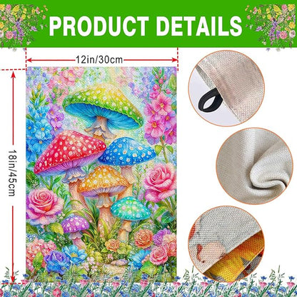 Spring Summer Garden Flag 12x18 Inch Double Sided Outside Colorful Mushroom Floral Flowers Outdoor Seasonal Holiday Welcome Yard Decoration