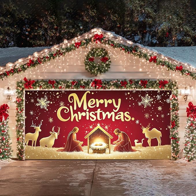 HOMETITUTE Christmas Garage Door Banner 13x6ft Holiday Decoration with Gold Figures Baby Jesus and Mary Red Background Snowflakes Deer Sheep Festive Outdoor Indoor Backdrop