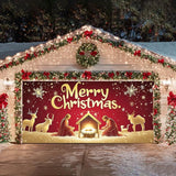 HOMETITUTE Christmas Garage Door Banner 13x6ft Holiday Decoration with Gold Figures Baby Jesus and Mary Red Background Snowflakes Deer Sheep Festive Outdoor Indoor Backdrop