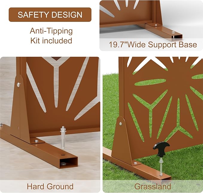 Metal Privacy Screen for Outdoor Freestanding Privacy Screens, 72" H x 44" W Patio Fence Panels with Stand, Portable Brown 3 Panel Screens for Outside Deck Balcony Garden and Indoor
