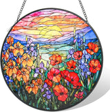 Stained Glass Window Hanging, Flower Sun Catcher for Door Terrace Garden Kitchen Home Decor, Mountain and Sunset Suncatchers for Mother's Day Birthday Gifts for Women Men Dad Mom Nana Wife 9.8 in