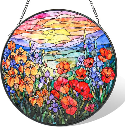 Stained Glass Window Hanging, Flower Sun Catcher for Door Terrace Garden Kitchen Home Decor, Mountain and Sunset Suncatchers for Mother's Day Birthday Gifts for Women Men Dad Mom Nana Wife 9.8 in