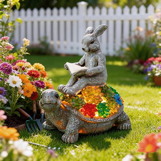 TERESA'S COLLECTIONS Garden Decor, Rabbit Turtle Garden Decor, Cute Bunny and Tortoise with Solar Light, Waterproof Resin Garden Statue, Rabbit Turtle Gifts, Birthday Gifts for Women Mom 6.3"
