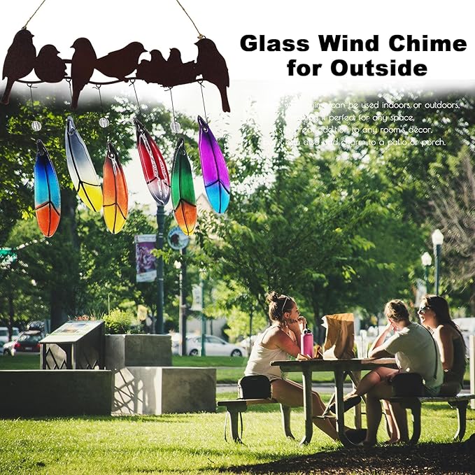 Glass Wind Chime for Outside Metal Bird Yard Art Colored Glass Memorial Wind Chimes for Mom Loved One Gifts
