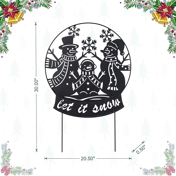 Glitzhome Christmas Metal Silhouette Snowman Family Waterglobe Yard Stake, 30 Inch Outdoor & Wall Decor with Lighted Scene, Holiday Lawn Art for Festive Home Decorations