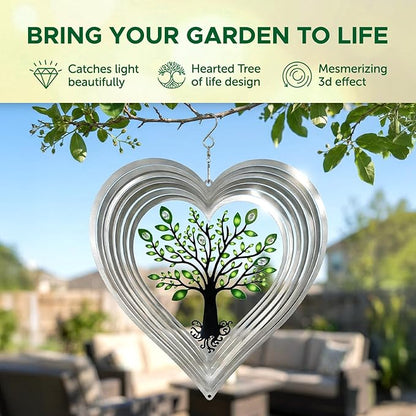 ISEO XL Silver Heart 15” Wind Spinner for Yard and Garden with Crystals, Hanging Outdoor Decor, Yard Art, Porch and Patio Decorations, Metal Wind Spinners Outdoor, Weather Resistant,
