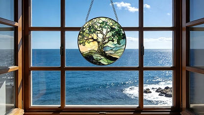 Funoasis Stained Glass Window Hanging 6.3 Inches Suncatcher - The Green Tree On The Mountaintop Ornaments Sun Catcher Home Decor Women Birthday