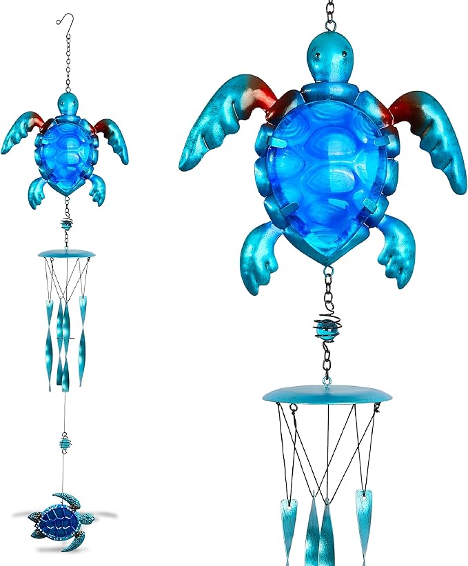 CoTa Global Blue Sea Turtle Wind Chime - Handcrafted Glass and Metal Chime - Hanging Sea Turtle Decoration for Indoor and Outdoor Spaces, Hanging Ocean Animal Windchime Decor Gift - 35 Inches