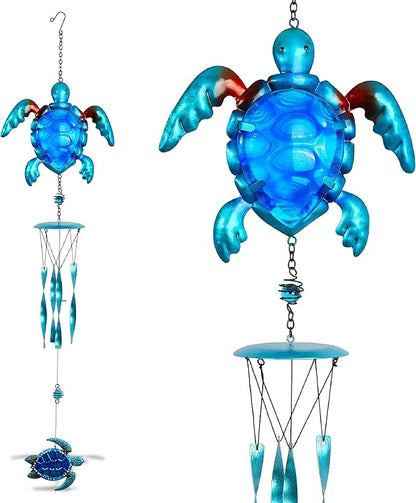 CoTa Global Blue Sea Turtle Wind Chime - Handcrafted Glass and Metal Chime - Hanging Sea Turtle Decoration for Indoor and Outdoor Spaces, Hanging Ocean Animal Windchime Decor Gift - 35 Inches