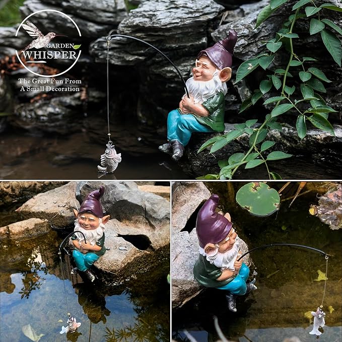 Fishing Gnome Outdoor Statue Garden Decor, Garden Gnomes Decoration for Yard, 9.7” Fishing Gnomes Statue Outdoor Garden Decor, Fishing Guy for Waterfalls or Koi Pond Decor, Gifts for Women