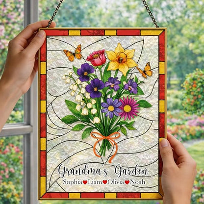 Personalized Grandma’s Garden Stained Glass Suncatcher, Custom Family Birth Flower Stained Glass Suncatcher, Floral Window Hanging, Mother’s Day Keepsake for Grandma