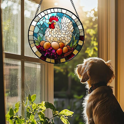 DASTOLL Stained Glass Window Hanging White Chicken Hatching Eggs 7.8" - Suncatcher Door Garden Sunroom Sun Catcher Home Decor Birthday Christmas for Mom Men Woman Nana