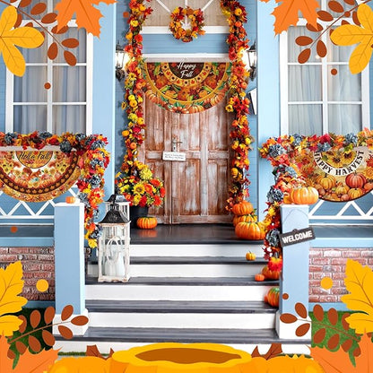 6 Pcs Hello Fall Bunting Flag Thanksgiving Pumpkin Welcome Fall Outdoor Half Banner Happy Harvest Autumn Pumpkin Squirrel Pattern Bunting Flag for Thanksgiving Garden Decor, 1.5 x 3 ft