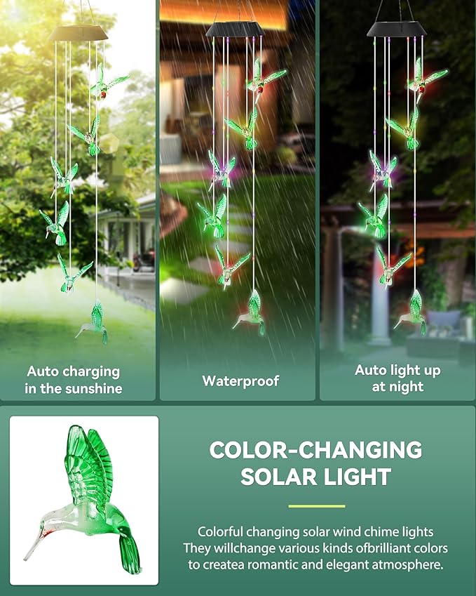 DOUBLEZHE Solar Wind Chimes for Outside, Color Changing Hummingbird Wind Chime Outdoor Clearance, Birthday Gifts for Mom Women Grandma Wife Girls, Unique Decor Colorful Patio Yard Party Decoration