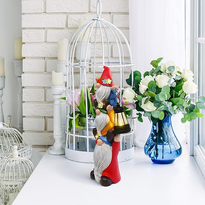 Gift Boutique Solar Garden Gnome Statue with Lantern Stacked Gnomes Outdoor Decor Lighted Yard Lawn Patio Decoration Whimsical Resin Figurine Home Accent