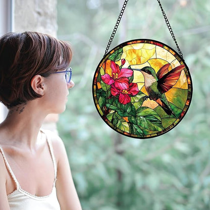 Stained Glass Suncatcher, Hummingbird Red Flowers Green Leaves Sun Catcher Stain Glass Window Hanging Decoration Mother's Day Birthday Gifts for Bird Lover Women Men Mom Nana 9.8 in
