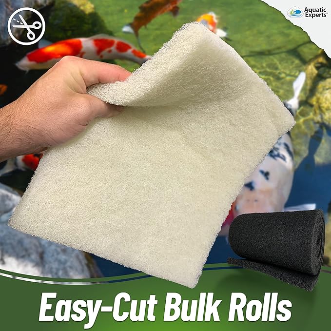 Aquatic Experts Koi Pond Filter Pad Bundle with Bio Balls – White Fine 12" x 72" + Black Coarse 12" x 72" Pads & 300 Count Bio Balls, Reusable Pond Filter Media