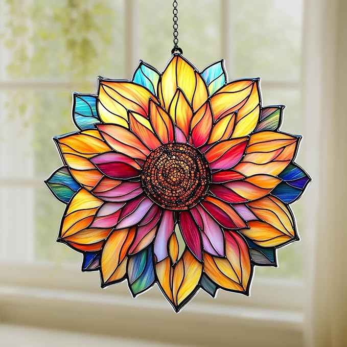 Mandala Sunflower Flower Acrylic Suncatcher, Flower Suncatchers for Window Hangings, Stained Glass Effect Garden Decor, Gift for Mother's Day, Mom, Grandma, Wife, Women