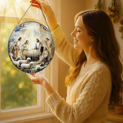 Stained Glass Suncatcher, Nativity Sun Catcher Ornament; Stained Glass Window Hanging, Christmas Ornament, Christian Home Decor; Gifts for Christmas, Christian Gift, Religious Gift