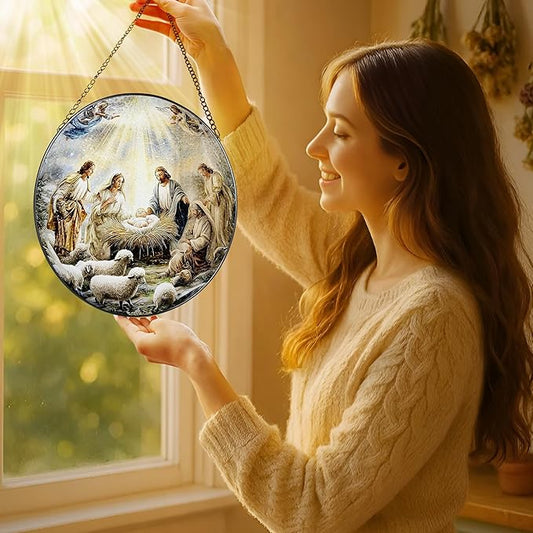 Stained Glass Suncatcher, Nativity Sun Catcher Ornament; Stained Glass Window Hanging, Christmas Ornament, Christian Home Decor; Gifts for Christmas, Christian Gift, Religious Gift