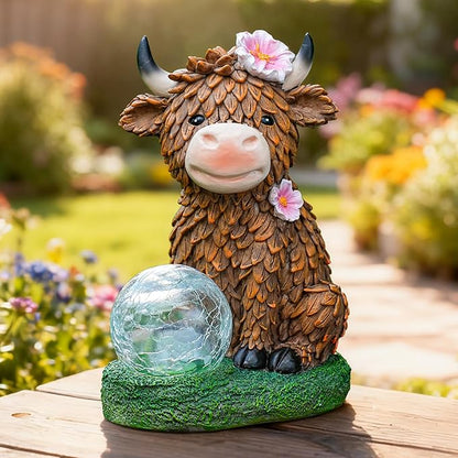 Garden Highland Cow Statue Solar Outdoor Decor with Glass Ball Highland Cow Decor Unique Gifts for Women Mom,Highland Cows Figurine for Yard Garden Patio Lawn Ornaments