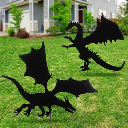 MorningRo 2 Pcs Dragon Outdoor Yard Sign Metal Garden Stake Decorative Dragon Black Art Silhouette Iron Stakes Statues for Patio Lawn Ornament Pathway Decor Lover Gifts Women Men