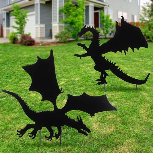 MorningRo 2 Pcs Dragon Outdoor Yard Sign Metal Garden Stake Decorative Dragon Black Art Silhouette Iron Stakes Statues for Patio Lawn Ornament Pathway Decor Lover Gifts Women Men