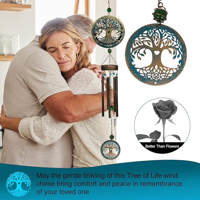 Solar Tree of Life Wind Chimes,46.5" Sympathy Wind Chimes Outdoor Deep Tone Unique for Mom Women Grandma, Memorial Retirement Gifts, Garden Patio Balcony Yard Home Decor