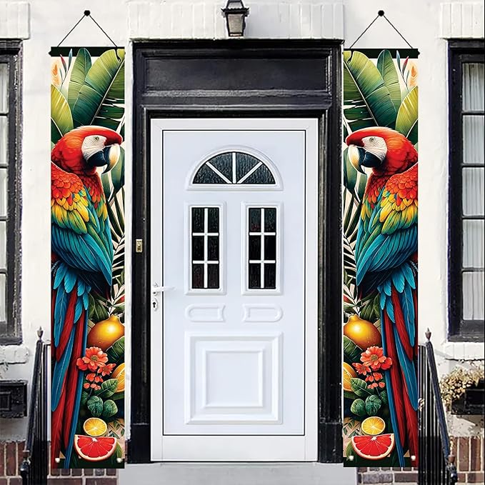 Summer Luau Tropical Parrot Porch Banners 71x12 Inch Party Decorations Colorful Macaw Hanging Door Signs Jungle Leaves Outdoor Patio Welcome Banner for Home Decor