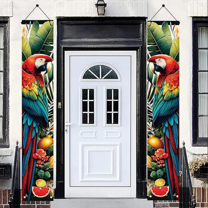 Summer Luau Tropical Parrot Porch Banners 71x12 Inch Party Decorations Colorful Macaw Hanging Door Signs Jungle Leaves Outdoor Patio Welcome Banner for Home Decor