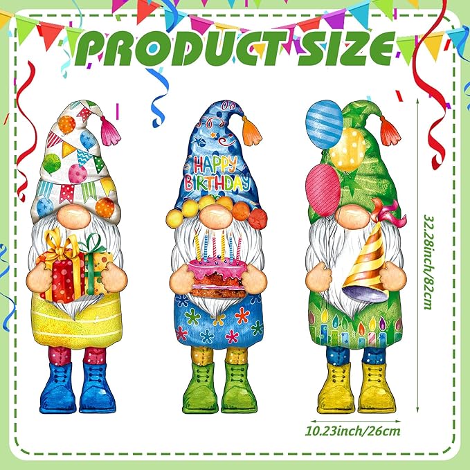 Umigy 3 Pcs 32 x 10 Inch Happy Birthday Yard Decor Outdoor Gnome Sign with Stakes Gift Boxes Cake Balloon Gnome Garden Sign Outdoor Yard Decor for Birthday Party Lawn Decorations