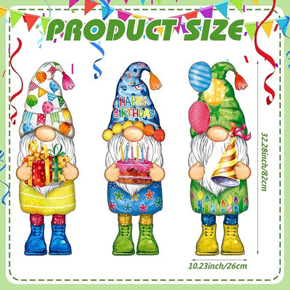 Umigy 3 Pcs 32 x 10 Inch Happy Birthday Yard Decor Outdoor Gnome Sign with Stakes Gift Boxes Cake Balloon Gnome Garden Sign Outdoor Yard Decor for Birthday Party Lawn Decorations