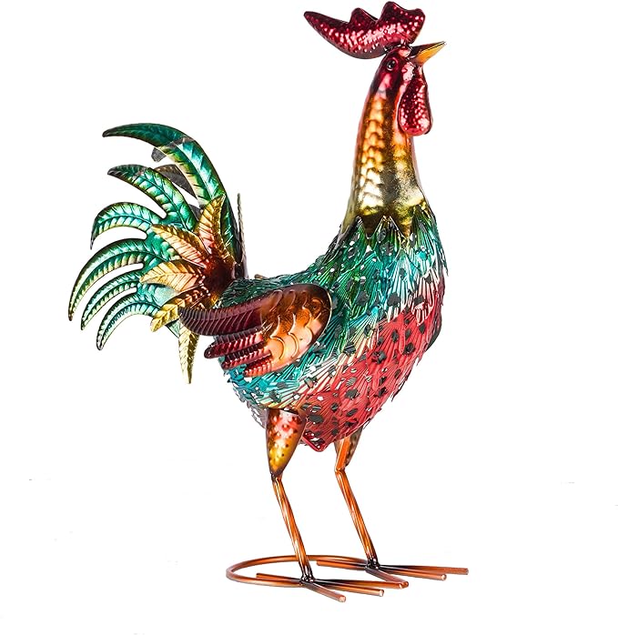 Alpine Corporation 16" Tall Outdoor Metal Standing Rooster Statue with Vibrant Design, Garden Decor, Metallic Red