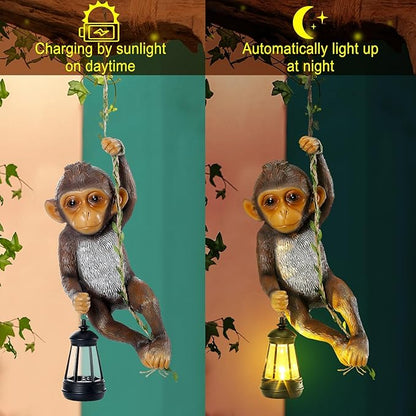 Rossesay Solar Light Outdoor Monkey Statues Brown 13.78 Inch Resin Chimpanzee Baby Monkey Climbing on Vine with LED Lantern Waterproof Hanging Figurine with Hook for Yard Garden Wall
