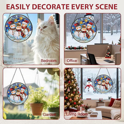 Christmas Decorations Stained Glass Window Hanging, Snowman Suncatcher for Window Hanging, Sun Catchers Indoor Windows Wall Art for Mom Grandma, Christmas Decor or Home Garden Office 7.87 inches