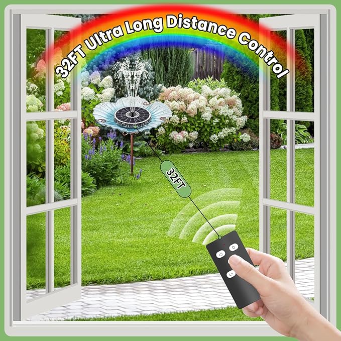 Yzert Remote Solar Fountain 2026, 6W Glass Bird Bath Fountain, 4000 mAh Solar Water Fountain Pump with 7 Nozzles & 4 Fixers, Colorful Lights for Garden, Pond, Pool, Outdoor-Adjust Water Height (8LEDs)