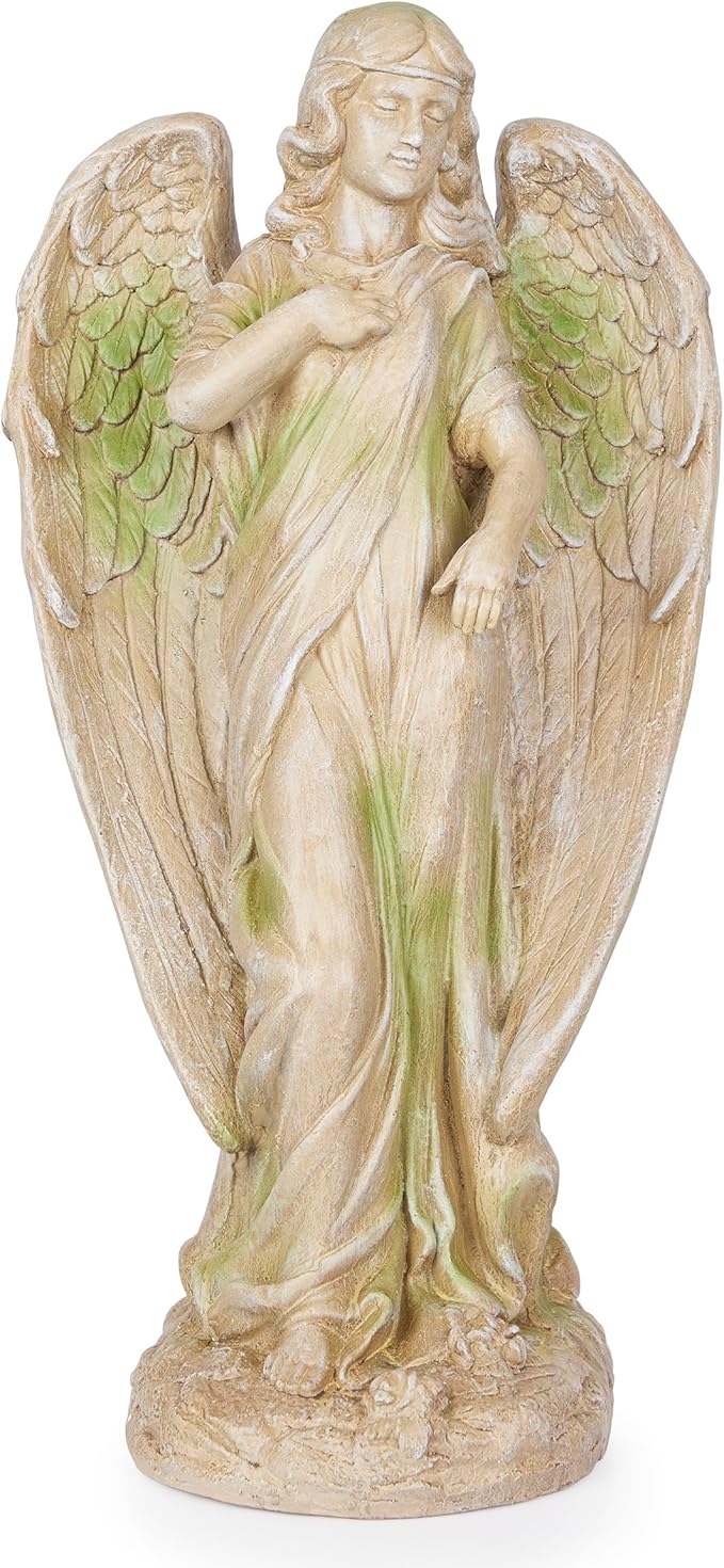 Alpine Corporation QFC105-201 Old World Angel Statue with Mossy Finish, Sentimental Garden Décor, 31" H, Tan/Moss Green